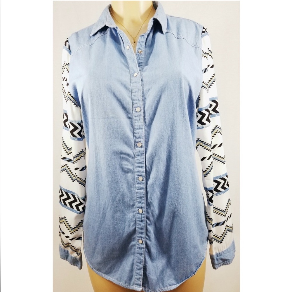Lulumari Chambray Denim Button Down Shirt Aztec Tribal Print Sleeves